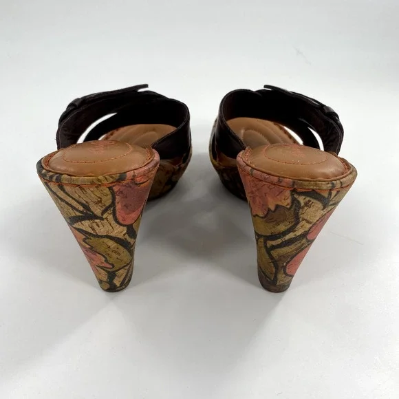 Born Crown Cross Strap Floral Cork Heel Sandals Sz 38/7.5 Brown Leather Buckle - Picture 9 of 10